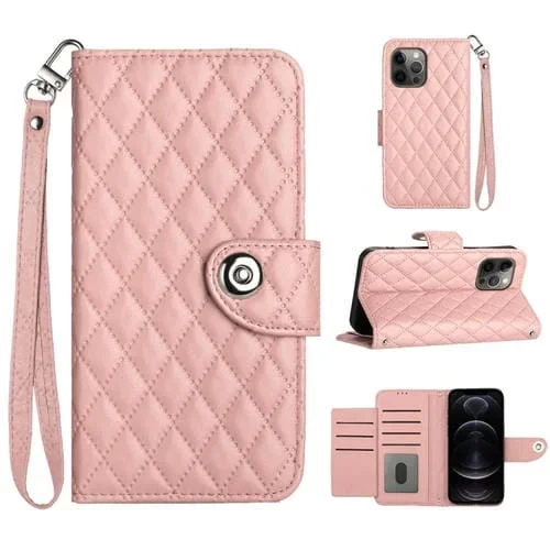 Funda para Teléfono iPhone 12 Pro Max con Tapa de Cuero Textura Rómbica y Cordón (Rosa Coral)