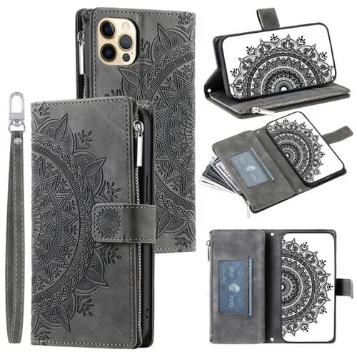 Funda para Teléfono iPhone 12 Pro Max Cuero con Cremallera Totem Múltiples Tarjetas (Gris)