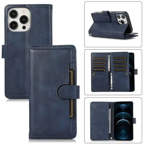 Funda para Teléfono iPhone 12 Pro Max Cuero con Ranura para Tarjeta y Pulsera (Azul)