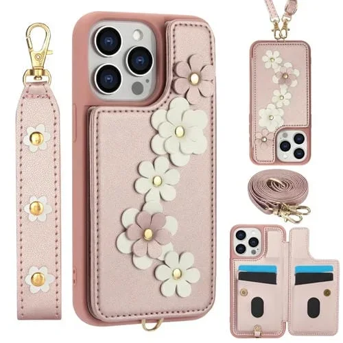 Funda para Teléfono iPhone 12 Pro Max Cuero Estampado Flores Cruzadas (Oro Rosa)