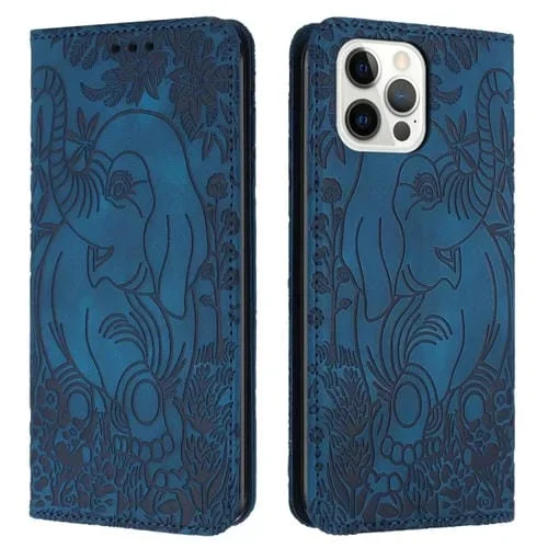 Funda para Teléfono iPhone 12 Pro Max Cuero Relieve Elefante Retro (Azul)