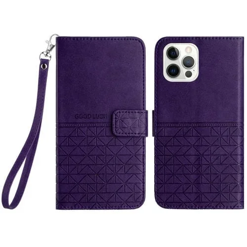 Funda para Teléfono iPhone 12 Pro Max Cuero Textura Rómbica con Cordón (Púrpura)