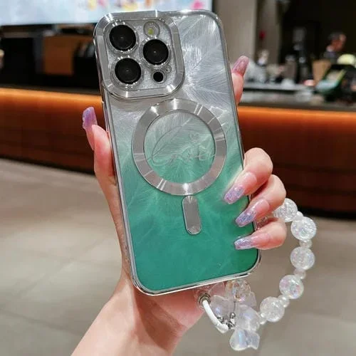 Funda para Teléfono iPhone 12 Pro Max Dual-Love Feather Gradient Glitter Magsafe TPU (Verde)