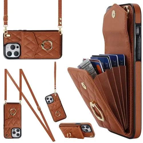 Funda para teléfono iPhone 12 Pro Max Rhombic Texture Card Bag con Cordón Largo (Marrón)