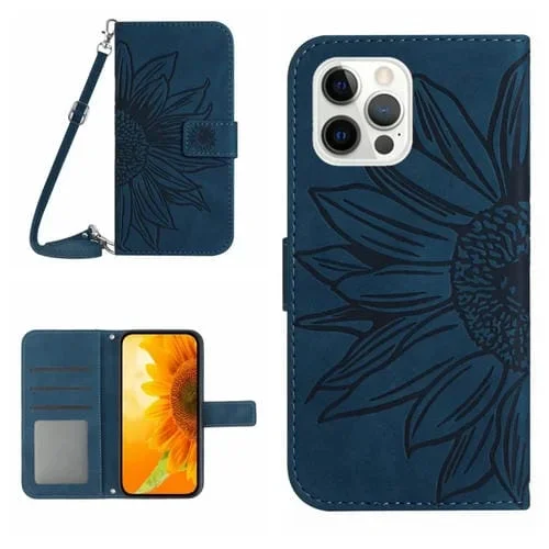 Funda para teléfono iPhone 12 Pro Max Skin Feel Sun Flower Flip Cuero con Cordón (Azul Tinta)