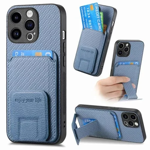 Funda para Teléfono iPhone 12 Pro Max Soporte Plegable Bolsa para Tarjetas Fibra de Carbono (Azul)