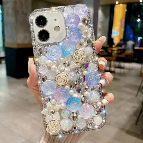 Funda para teléfono iPhone 12 Rose Hand-Set Pearl Diamond PC (Azul)