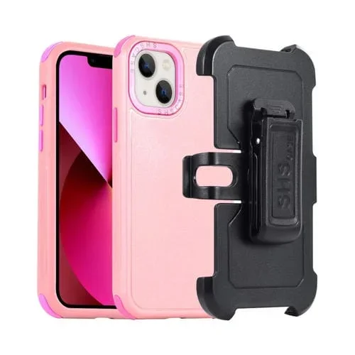 Funda para Teléfono iPhone 13 3 en 1 PC y TPU con Funda Deslizante (Rosa + Rojo Rosa)