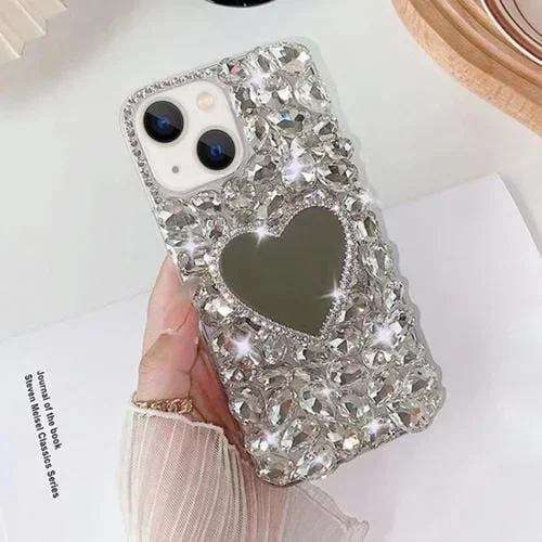 Funda para Teléfono iPhone 13 con Diamantes de Imitación Brillantes Hecha a Mano con Espejo (Gris Plateado)
