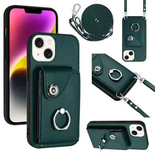 Funda para Teléfono iPhone 13 con Soporte para Anillo y Bolsa para Tarjeta con Cordón Largo (Verde)
