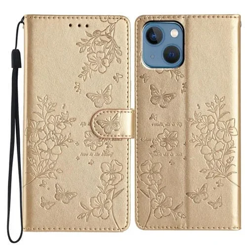 Funda para Teléfono iPhone 13 Cuero con Relieve de Flor de Amor y Mariposa (Dorado)