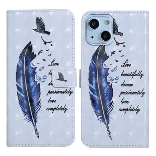 Funda para Teléfono iPhone 13 Cuero Dibujo 3D Relieve Óleo (Pluma Azul)