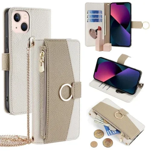 Funda para Teléfono iPhone 13 Cuero Textura Litchi Cruzada (Blanco)