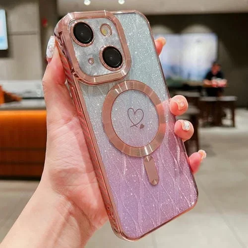 Funda para Teléfono iPhone 13 Loves Leaves Gradient Glitter Fibra de Carbono Magsafe TPU (Rosa)