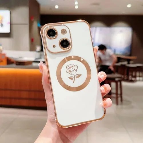Funda para Teléfono iPhone 13 Magsafe con Flores de Rosas Laterales Electrochapadas (Blanco)
