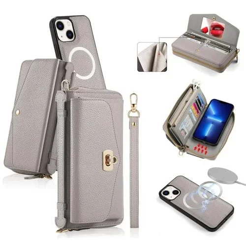 Funda para teléfono iPhone 13 Magsafe Crossbody Cartera Multifuncional con Cremallera de Cuero Litchi (Gris)