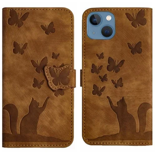Funda para Teléfono iPhone 13 Mini Cuero con Tapa En Relieve Butterfly Cat (Marrón)