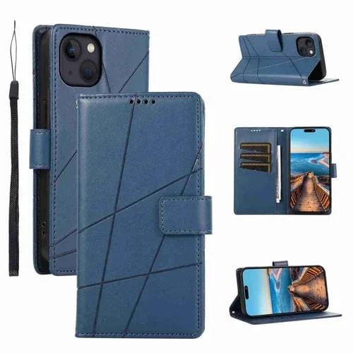 Funda para Teléfono iPhone 13 Mini PU con Línea en Relieve y Textura de Cuero Genuino (Azul)