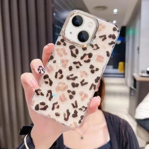 Funda para Teléfono iPhone 13 Patrón de Concha de Cristal Colorido PC + TPU (Leopardo Claro)