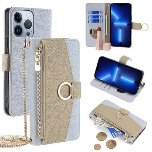 Funda para Teléfono iPhone 13 Pro Cuero Textura Litchi Crossbody (Azul)