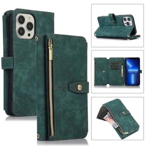 Funda para Teléfono iPhone 13 Pro Dream 9-Card Wallet Zipper Bag Cuero (Verde)