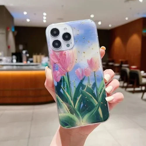 Funda para Teléfono iPhone 13 Pro Gold Foil Pintura al Óleo Epoxi TPU (Tulipanes Rosados5)