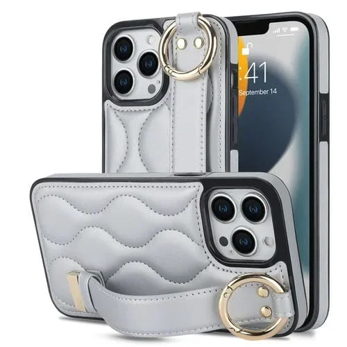 Funda para Teléfono iPhone 13 Pro Max Cobertura Completa Anillo PU con Muñequera (Plata)