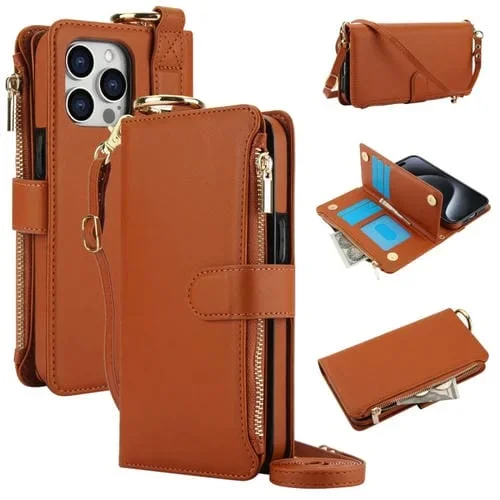 Funda para Teléfono iPhone 13 Pro Max Cuero con Billetera Multifuncional y Anillo (Marrón)