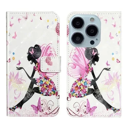 Funda para Teléfono iPhone 13 Pro Max Cuero Dibujo 3D Relieve al Óleo (Hada de Flores)