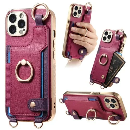 Funda para Teléfono iPhone 13 Pro Max Fashion Ring Card Bag con Lazo para Colgar (Púrpura)