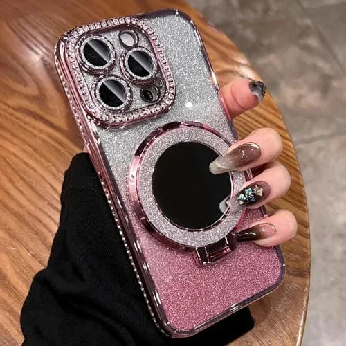 Funda para Teléfono iPhone 13 Pro Max Magsafe Rhinestone Mirror Glitter TPU (Rosa Sakura)