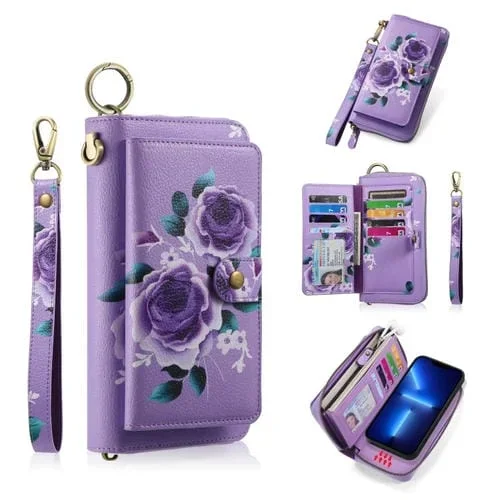 Funda para teléfono iPhone 13 Pro Max Pola Magsafe Flower de cuero con billetera y cremallera multifuncional (Púrpura)