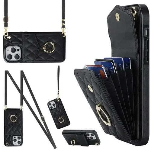 Funda para teléfono iPhone 13 Pro Max Rhombic Texture Card Bag con Cordón Largo (Negro)
