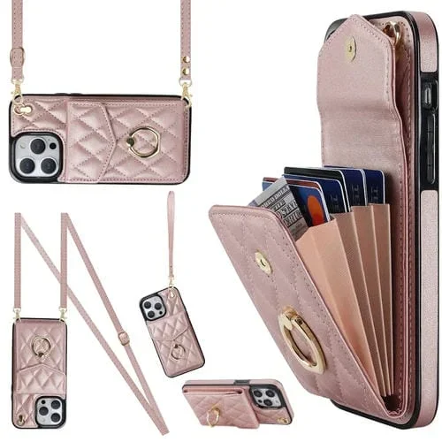 Funda para Teléfono iPhone 13 Pro Max Rhombic Texture Card Bag con Cordón Largo (Oro Rosa)