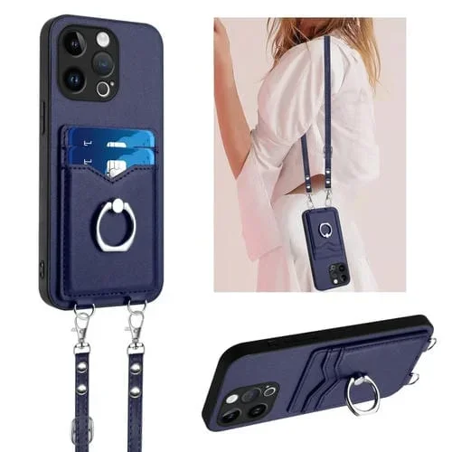 Funda para Teléfono iPhone 13 Pro R20 Soporte Tarjetas Anillo Cuerda (Azul)