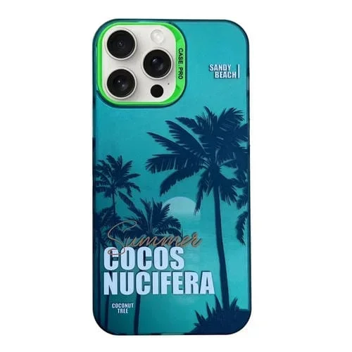 Funda para Teléfono iPhone 13 Pro TPU + PC Pintura al Óleo Paisaje Colorido del Atardecer (Árbol de Coco Verde)