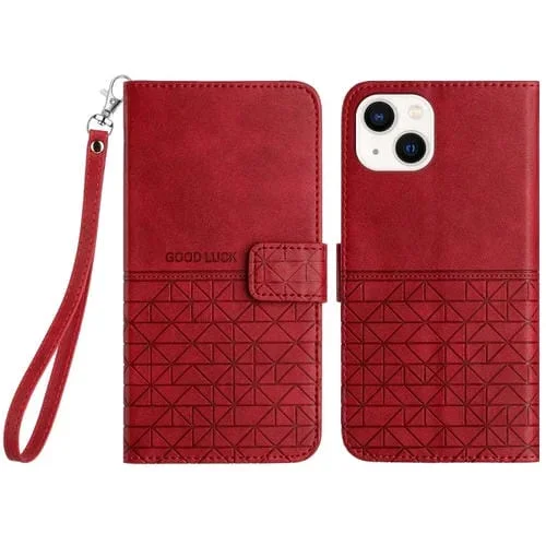 Funda para Teléfono iPhone 14/13 Cuero Textura Rómbica y Cordón (Rojo)