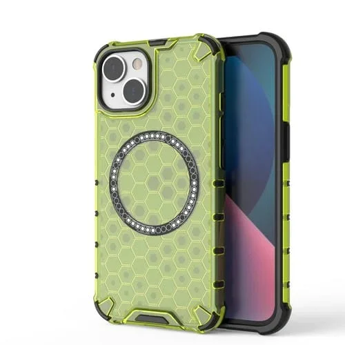 Funda para Teléfono iPhone 14 a Prueba de Golpes con Anillo Magnético en Forma de Panal (Verde)