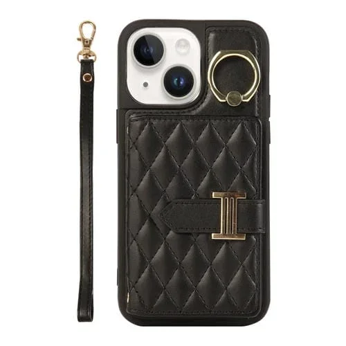 Funda para Teléfono iPhone 14 Bolsa de Tarjeta Horizontal con Soporte de Anillo y Cordón Doble (Negro)