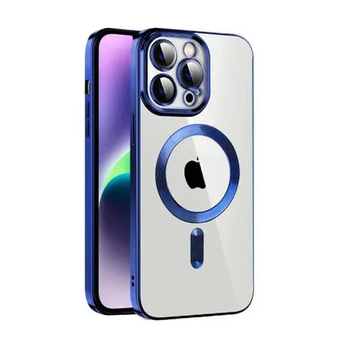 Funda para teléfono iPhone 14 Cd Textura Plating TPU Magsafe con Película de Lente (Azul Real)