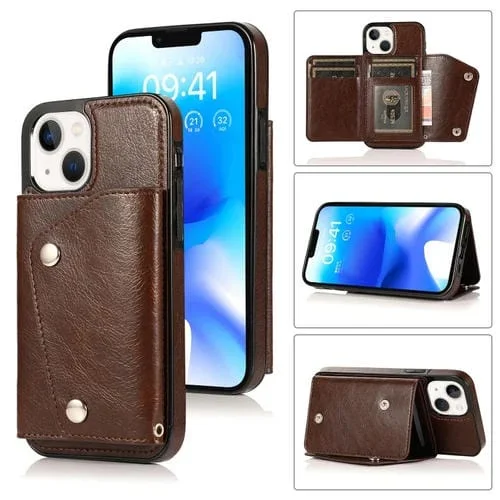 Funda para teléfono iPhone 14 con ranuras para tarjetas PU + TPU (Marrón)