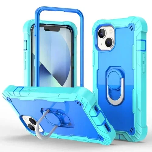 Funda para Teléfono iPhone 14 con Soporte de Anillo (Verde Menta + Azul)
