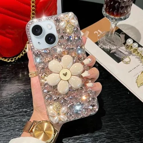 Funda para Teléfono iPhone 14 con Soporte Girasol y PC con Diamantes Colocados a Mano (Rosa)