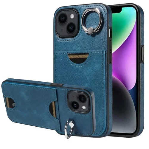 Funda para Teléfono iPhone 14 con Soporte para Anillo y Ranura para Tarjeta (Azul)