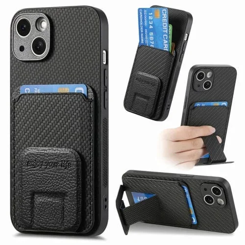 Funda para Teléfono iPhone 14 con Soporte Plegable y Bolsa para Tarjetas de Fibra de Carbono (Negro)