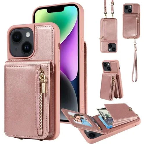 Funda para Teléfono iPhone 14 Crossbody Lanyard Zipper Wallet Cuero (Oro Rosa)