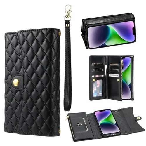 Funda para Teléfono iPhone 14 Cuero Rómbico Billetera MultiTarjeta con Cremallera (Negro)