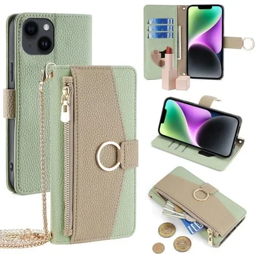 Funda para Teléfono iPhone 14 Cuero Textura Litchi Cruzada (Verde)