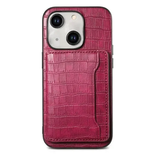 Funda para Teléfono iPhone 14 Diseño Bolsa de Tarjeta Textura Cocodrilo (Rojo)