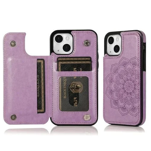 Funda para Teléfono iPhone 14 Doble Hebilla Mandala Cuero con Tapa Trasera (Púrpura)